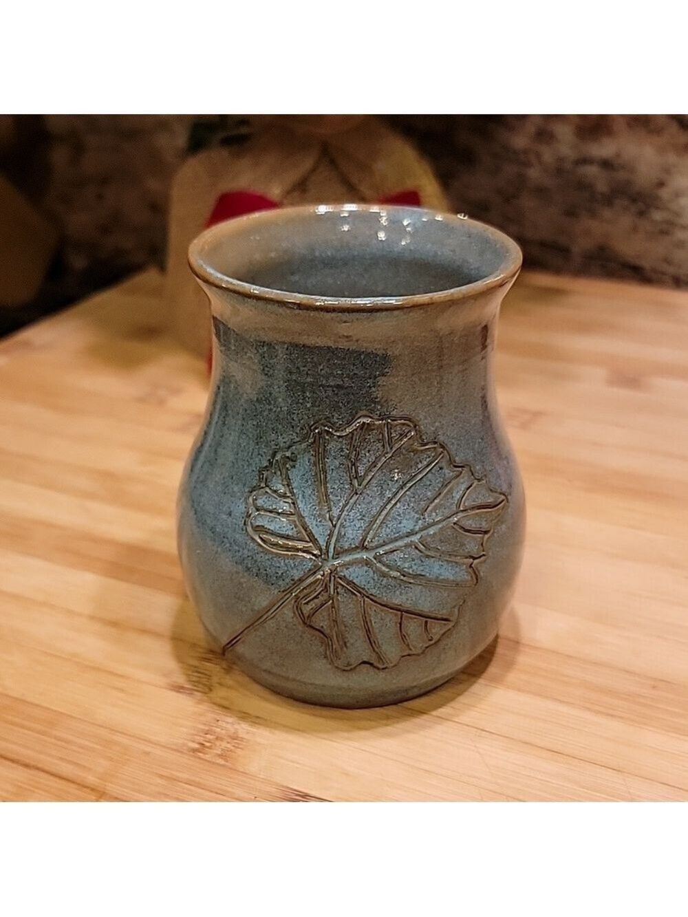 Signed handmade studio pottery vase jar with leaf pattern